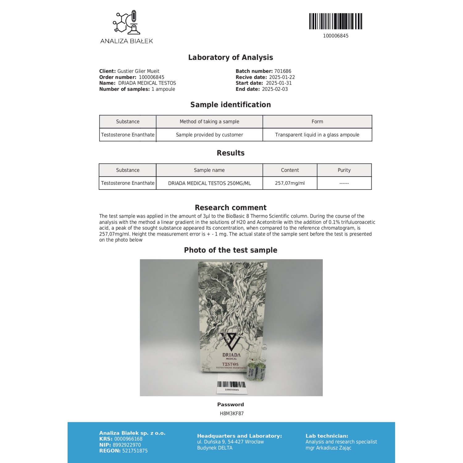 Testos 250 mg/ml (Testosterone Enanthate) 10ml vial