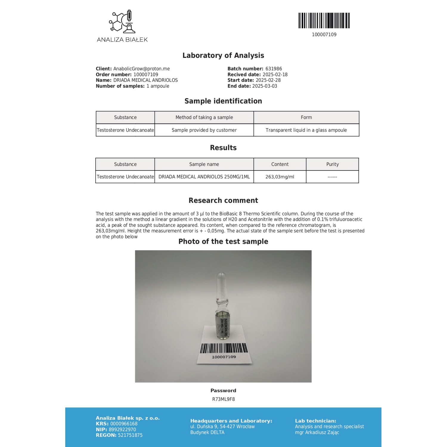 Andriolos 250 mg/ml (Testosterone Undecanoate)