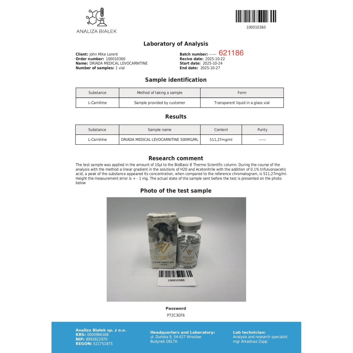 Levocarnitine 500 mg/ml (L-carnitine) 10ml vial