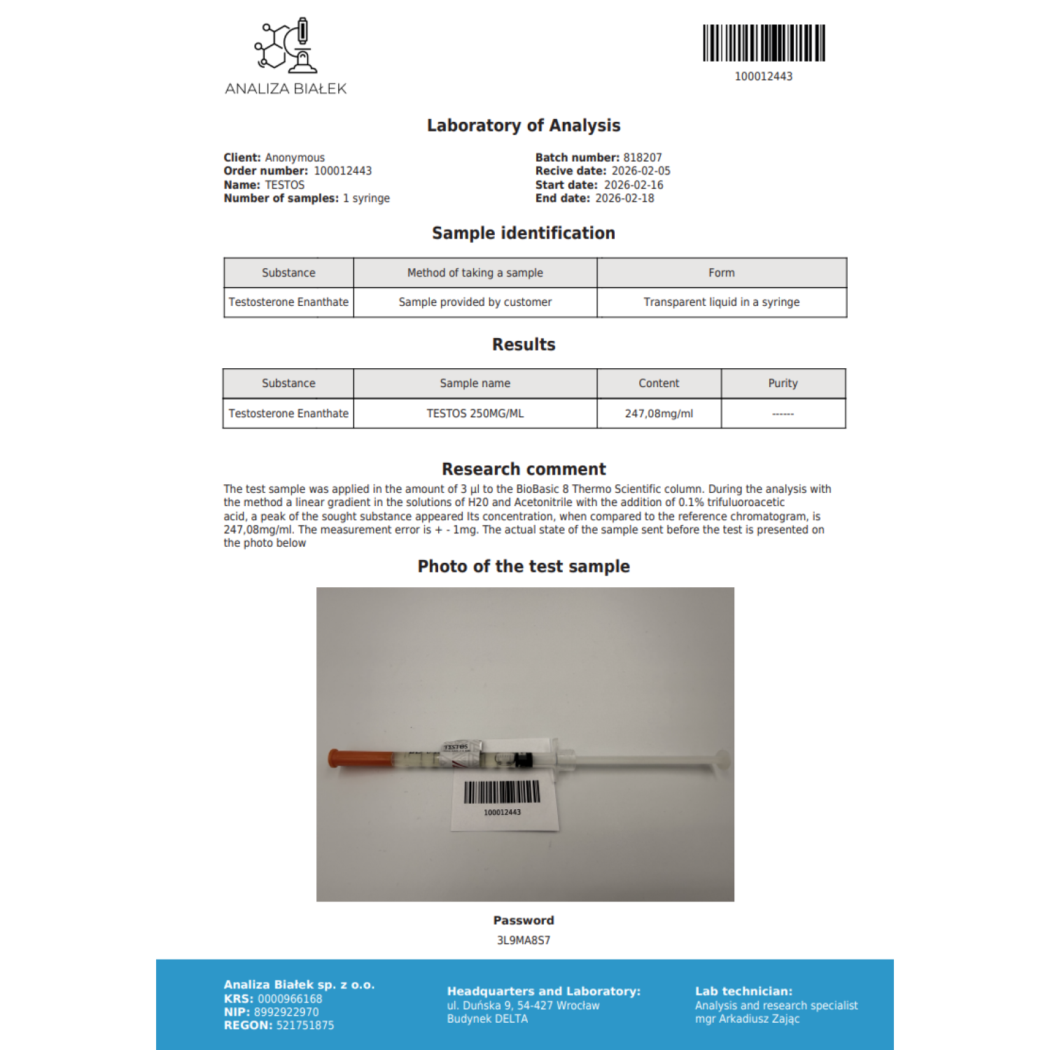 Testos 250 mg/ml (Testosterone Enanthate) 10ml vial