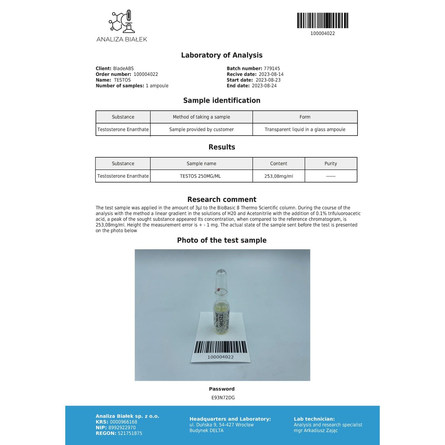 Testos 250 mg/ml (Testosterone Enanthate) 10ml vial