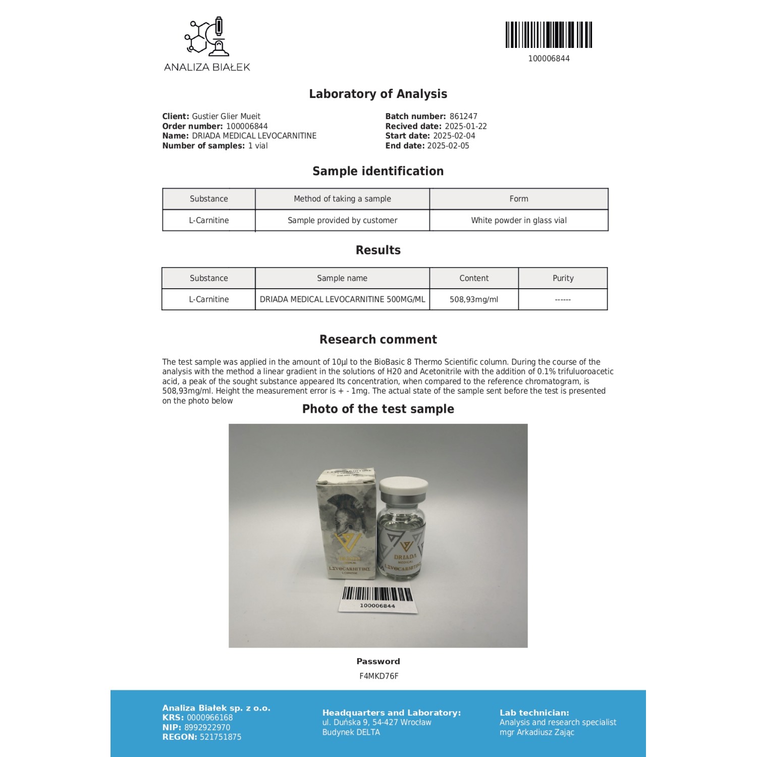 Levocarnitine 500 mg/ml (L-carnitine) 10ml vial