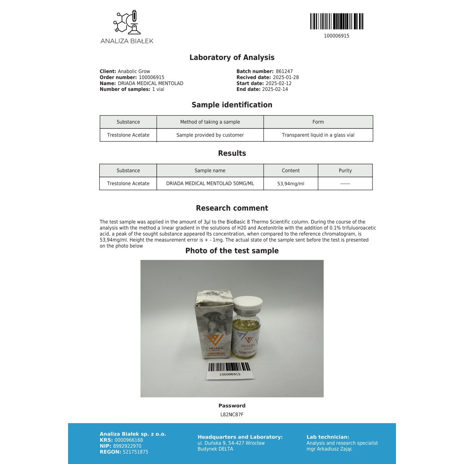 Mentolad 50 mg/ml (Trestolone acetate)