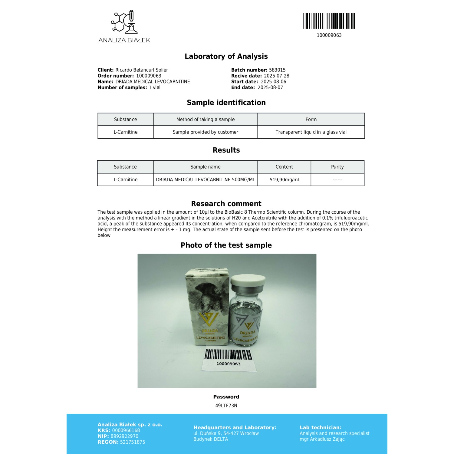 Levocarnitine 500 mg/ml (L-carnitine) 10ml vial