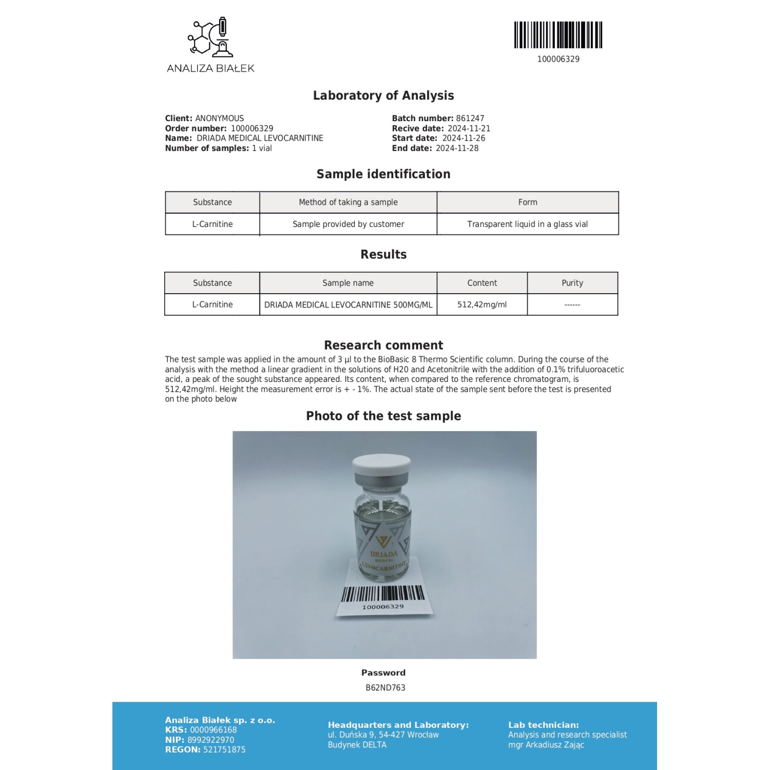 Levocarnitine 500 mg/ml (L-carnitine) 10ml vial